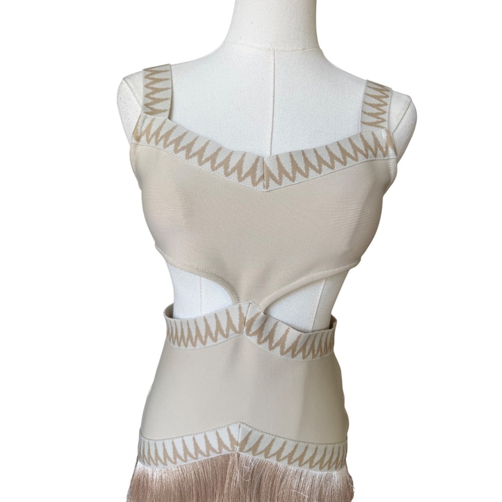 Fringe Cutout Boho Bodycon Midi Dress Size S Luxe Statement Cocktail Vegas Date - Picture 5 of 14
